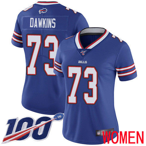 Women Buffalo Bills 73 Dion Dawkins Royal Blue Team Color Vapor Untouchable Limited Player 100th Season NFL Jersey